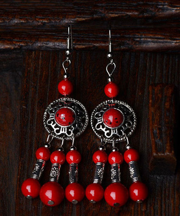 Red Stone Tibetan Style Silver Drop Earrings