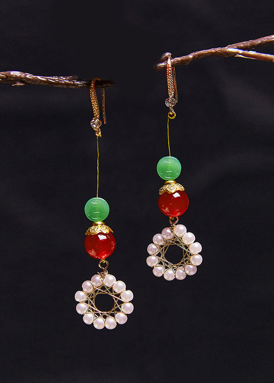 Sunflower Pearl Coral Long Drop Earrings