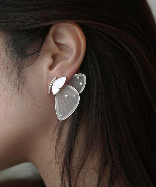 Transparen Color Sterling Silver Zircon Resi Butterfly Hoop Earrings