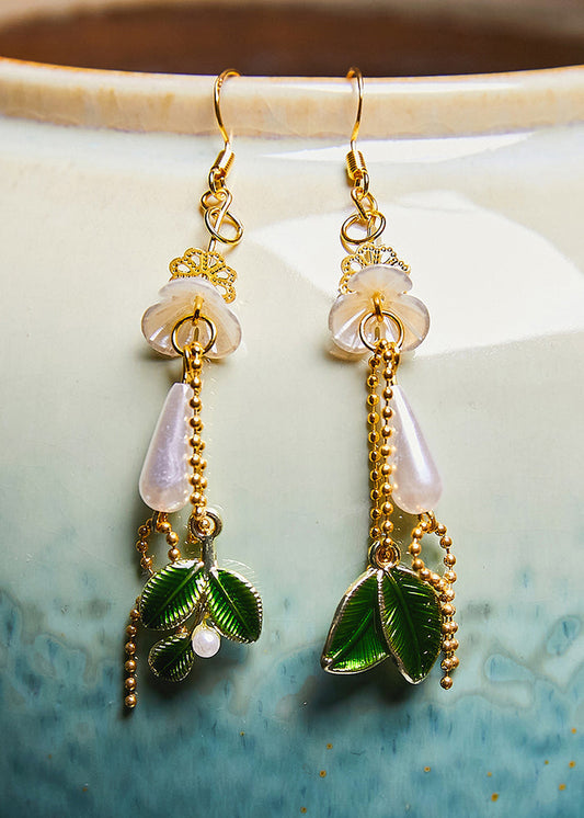 Water Droplet Pearl Green Leaf Drop Earrings