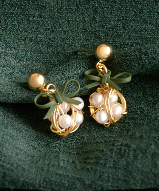 White Alloy Pearl Bow Drop Earrings