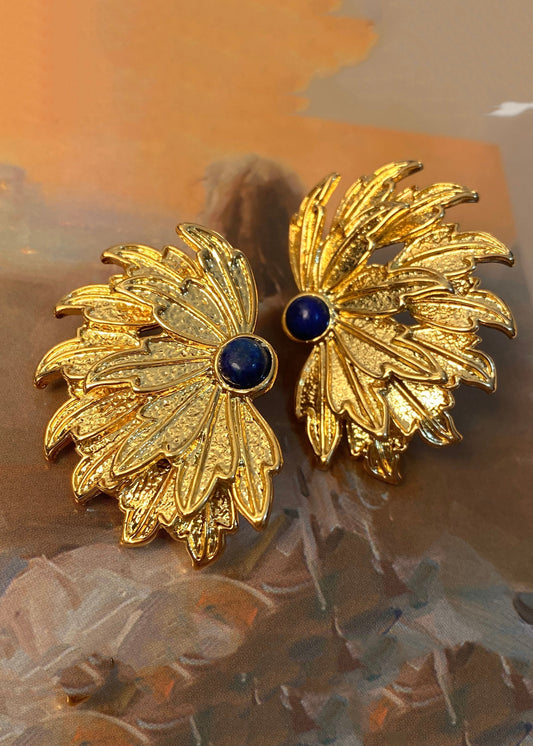 Yellow Copper Overgild Inlaid Gem Stone Stud Earrings