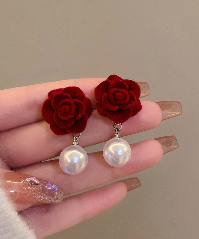Art Mulberry Flocking Pearl Rose Drop Earrings