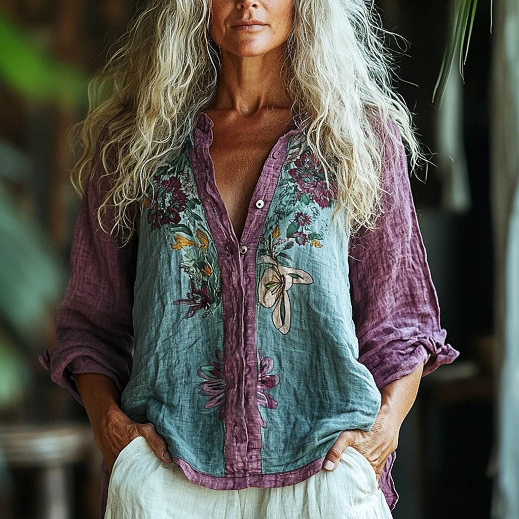 Comstylish Bohemian Style Linen Floral Art Print Long Sleeve Shirt