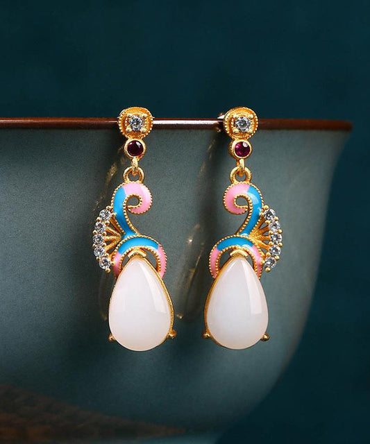 Blue Ancient Gold Jade Zircon Auspicious Clouds Drop Earrings