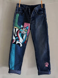 Cat Colorblock Art Paw Print Embroidered Washed Jeans elevenforest