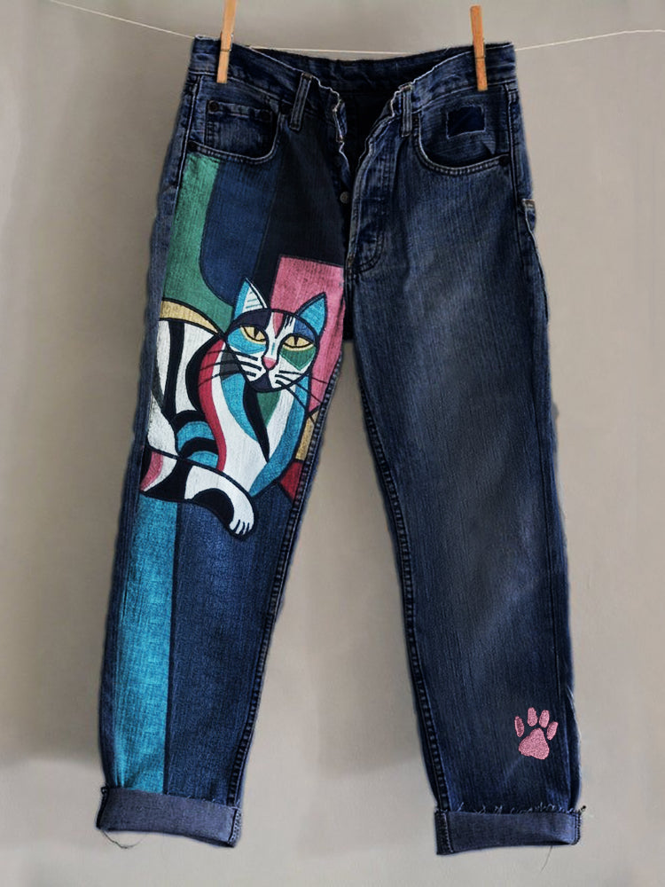 Cat Colorblock Art Paw Print Embroidered Washed Jeans elevenforest