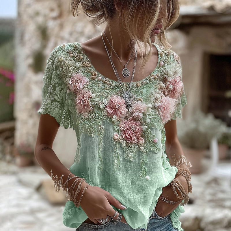 Women's Pink Rose Embroidery Art Round Neck Short Sleeve Linen Blend T-shirt artswardrobe