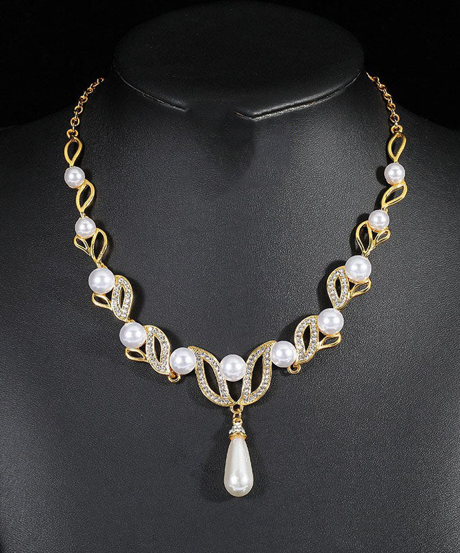 Gold Alloy Pearl Zircon Pendant Necklace