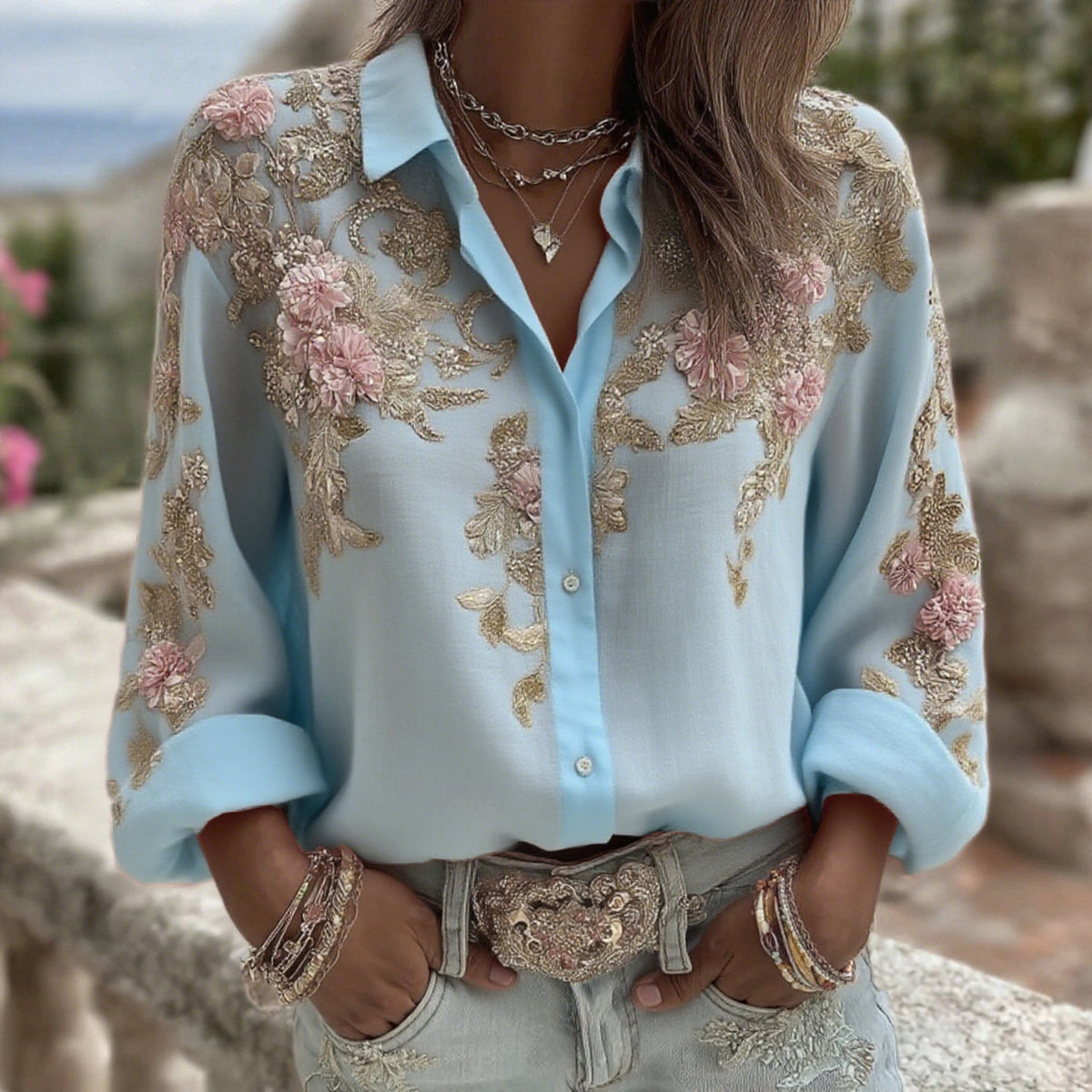 Comstylish Women's Pink Flower Embroidery Art Long Sleeve Linen Blend Shirt