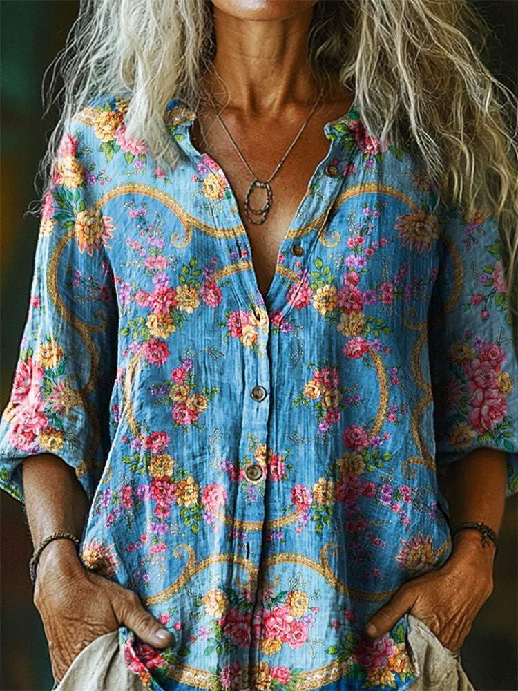 Women's Vintage Ethnic Floral Art Print Casual Cotton Linen Shirt