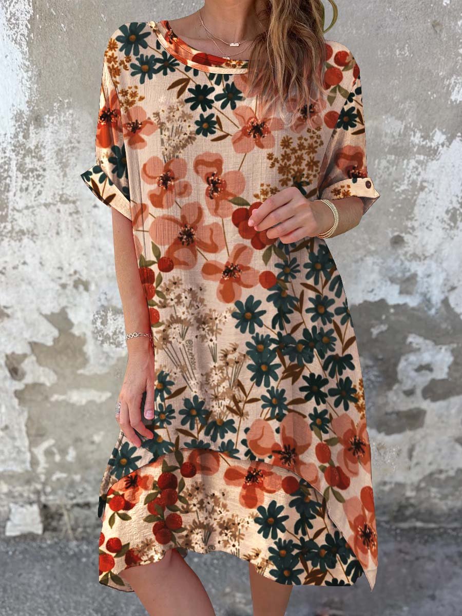 Women's Classic Floral Pattern Round Neck Cotton and Linen Dress