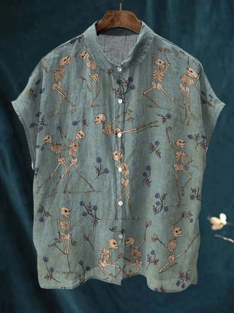 Decorative Pattern of Skeletons Dancing Pas De Deux Casual Cotton Linen Shirt
