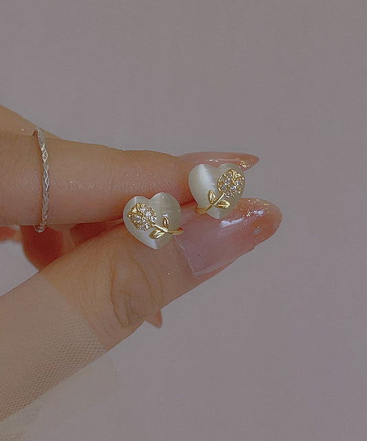 Fine Gold Copper Alloy Love Cat Eye Ston Stud Earrings