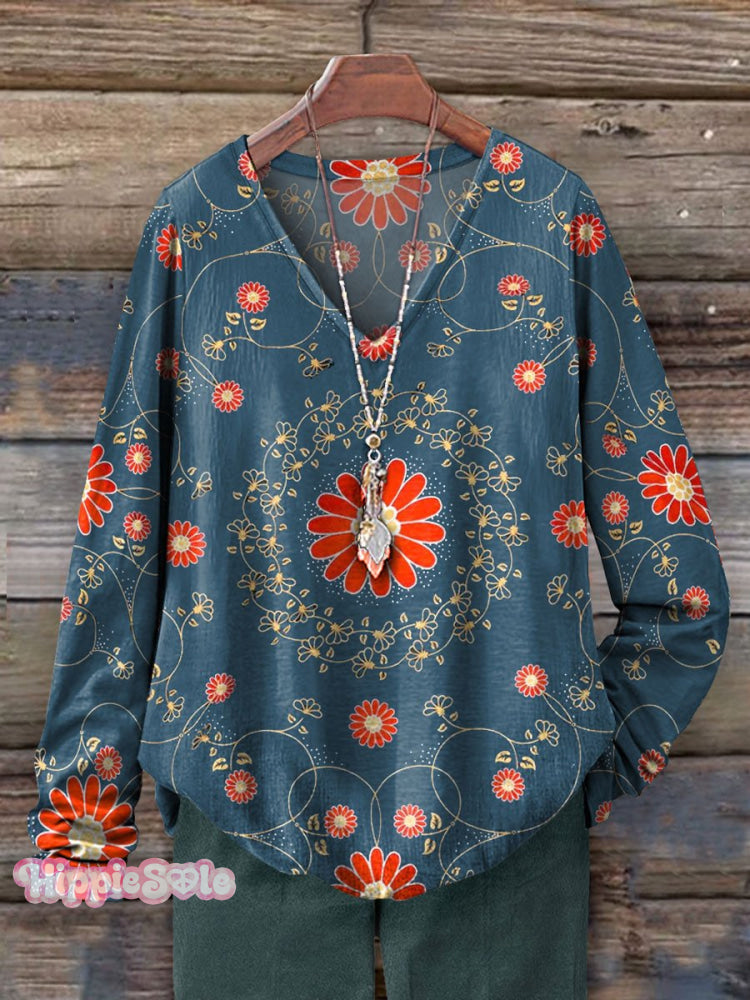 Women's Vintage Floral Art Print 100% Cotton Casual V-neck Long Sleeve