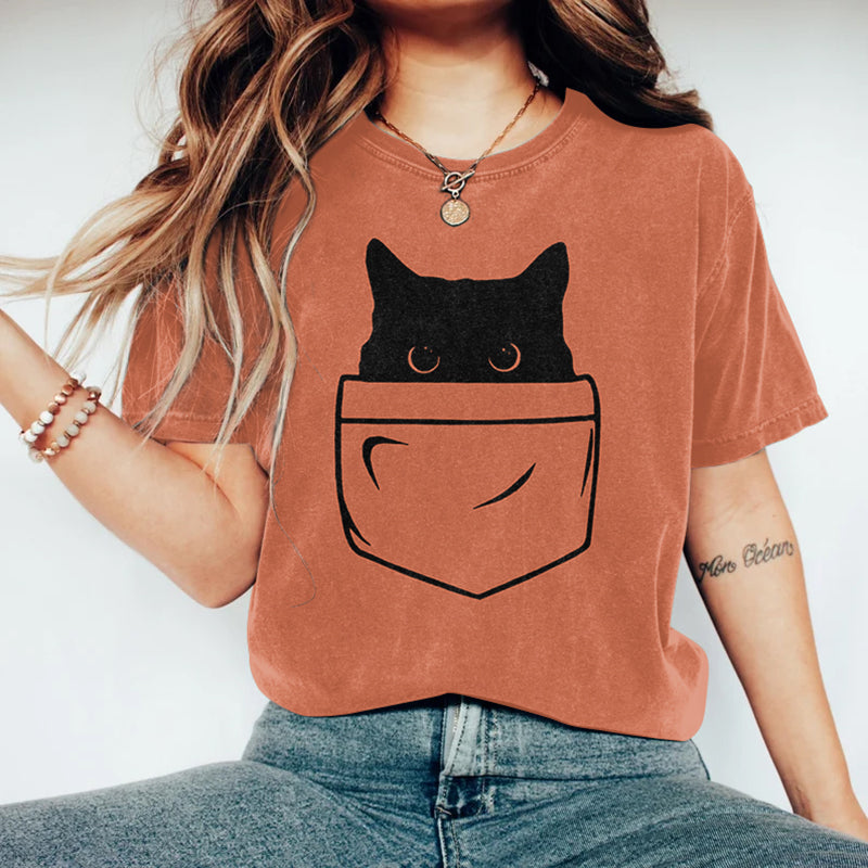 Comstylish Abstract Creative Pocket Black Cat Art Print T-shirt