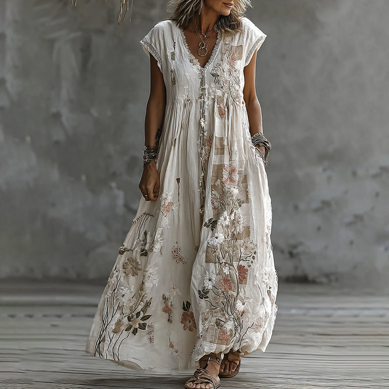 Women's Vintage Floral Embroidery Art And Patchwork V Neck Maxi Dress artswardrobe