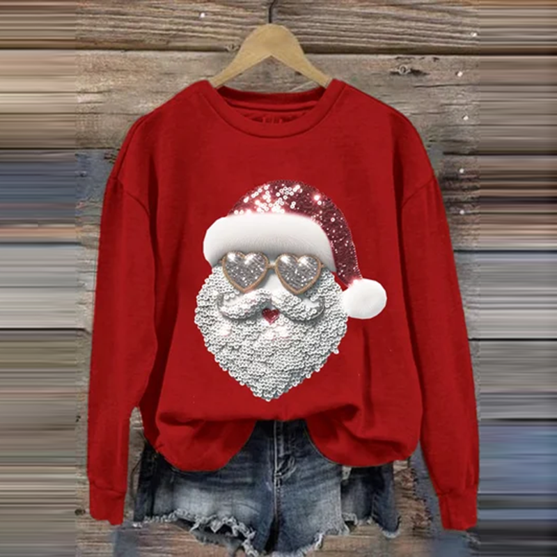 Comstylish Retro Santa Christmas Print Round Neck Sweatshirt
