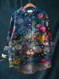 Comstylish Women's Lapel Button Design Plant Floral Casual Long Sleeve Shirt