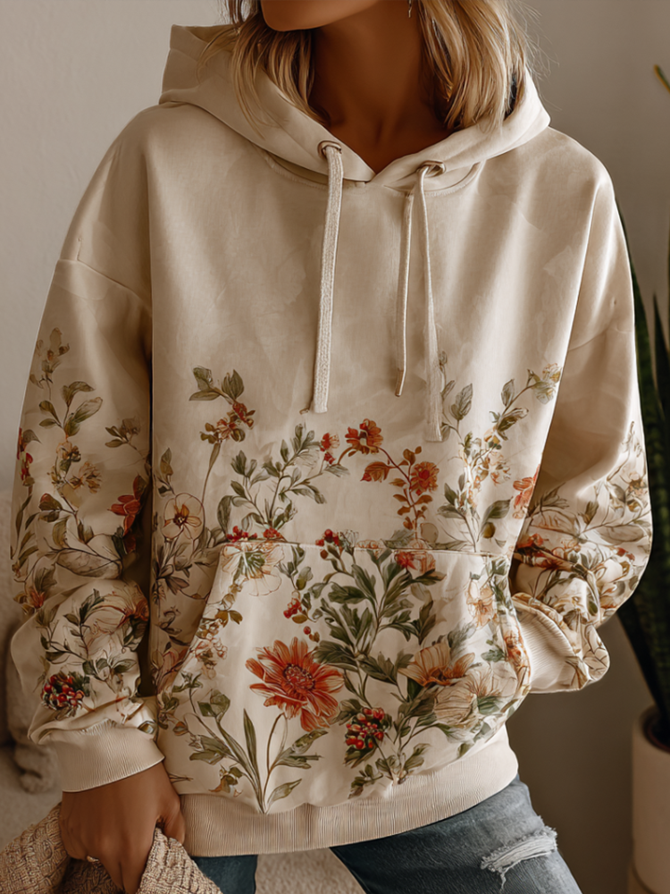 Comstylish Bohemian Style Plant And Flower Pattern Women's Hooded Sweatshirt