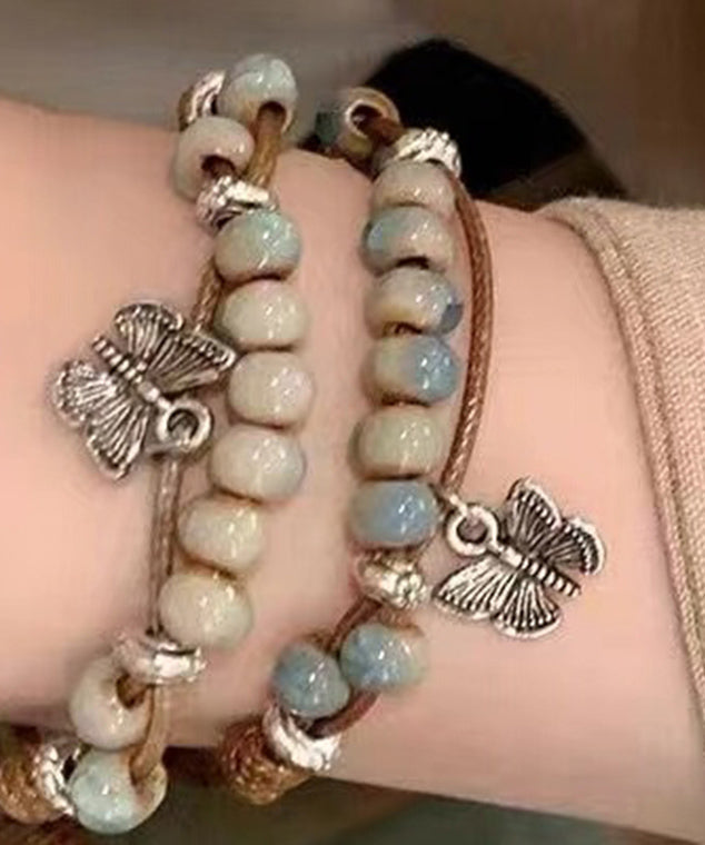 Alloy Weaving Ceramic Butterfly Charm Bracelet Two Piece Set