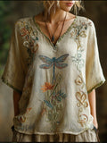 Bohemian Dragonfly Vine Pattern Vintage V-neck Short-sleeved T-shirt artswardrobe