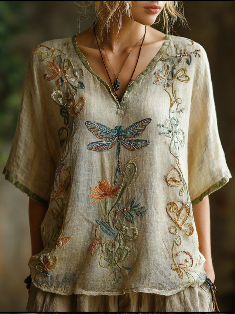 Bohemian Dragonfly Vine Pattern Vintage V-neck Short-sleeved T-shirt artswardrobe