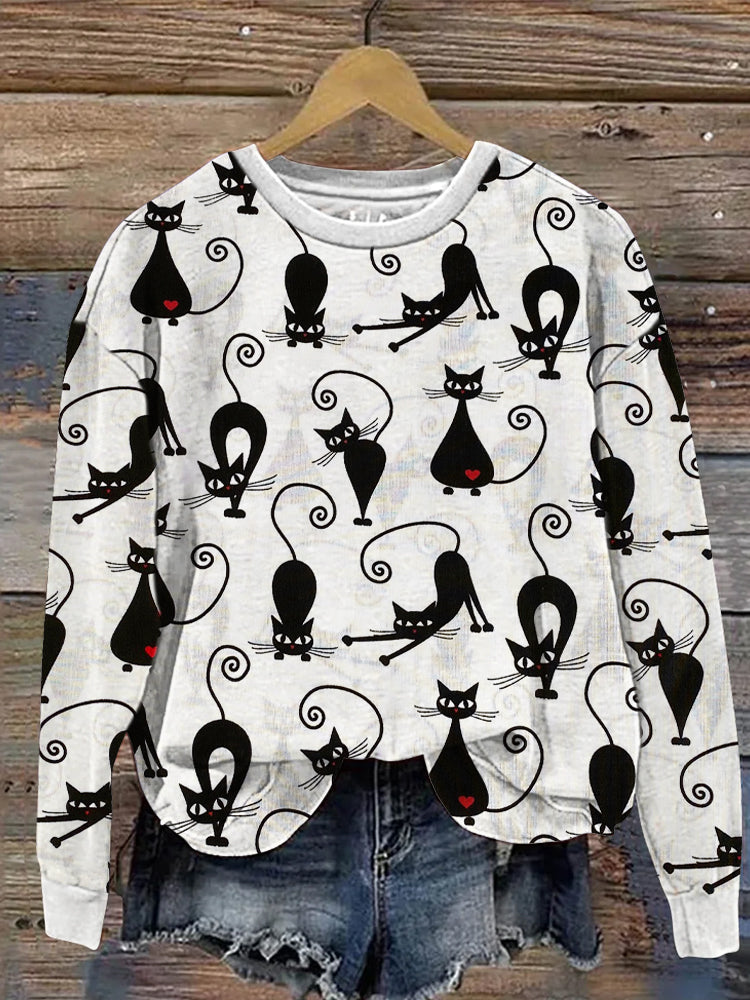 Vintage Love Black Cats Print Long Sleeve Sweatshirt elevenforest