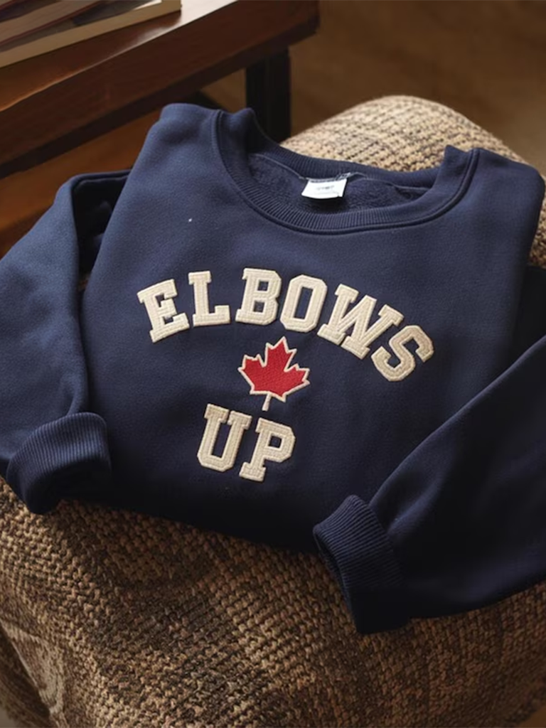 Retro Elbows Up Canada Embroidery Print Crew Neck Long Sleeve Sweatshirt elevenforest