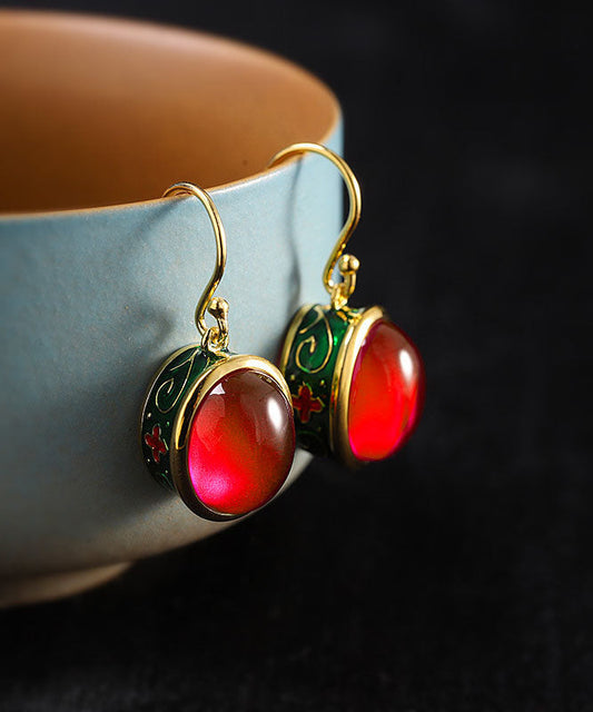 Red Sterling Silver Overgild Enamel Gem Stone Drop Earrings
