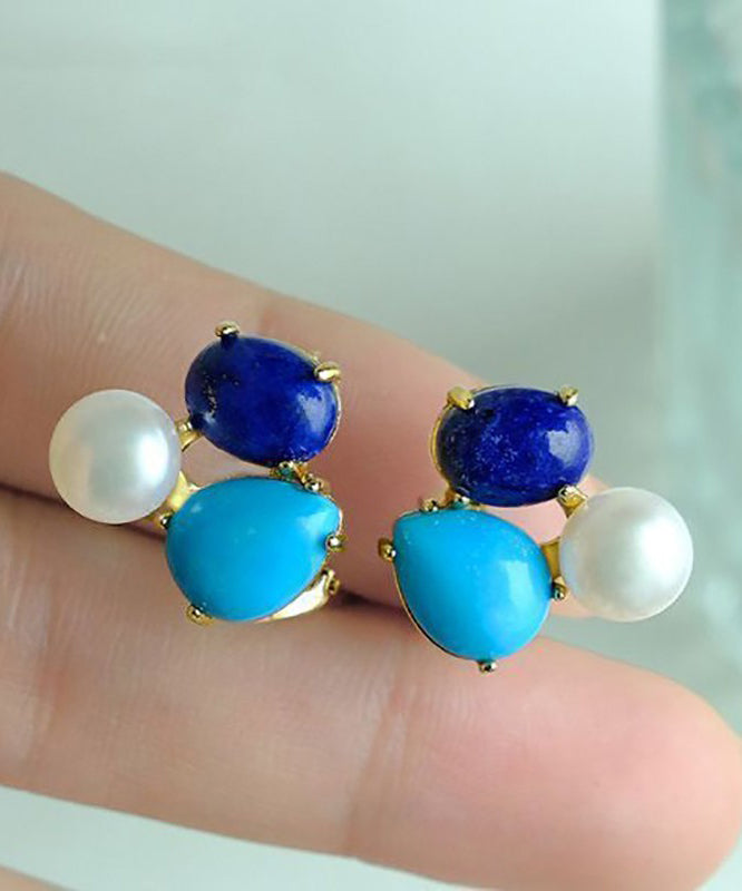 Colorblock Sterling Silver Overgild Turquoise Pearl Stud Earrings