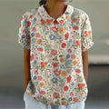 Comstylish Women's Pastoral Floral Art Print Casual Cotton Linen Shirt