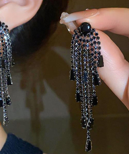 Black Copper Zircon Tassel Drop Earrings