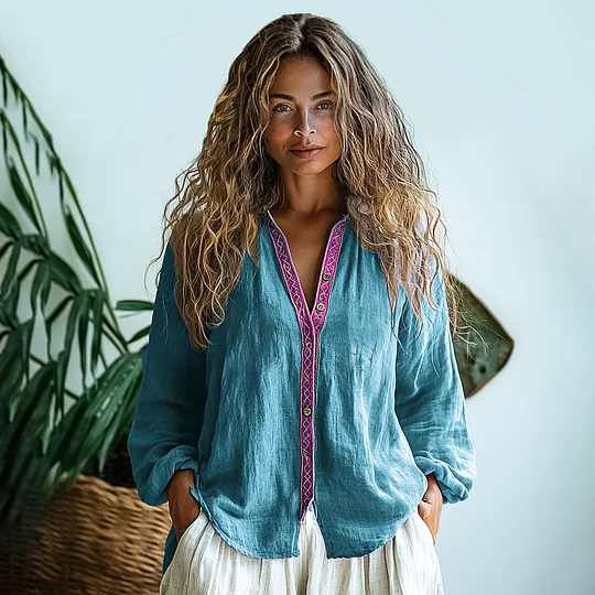 Bohemian Style Linen Print  Long Sleeve Shirt artswardrobe