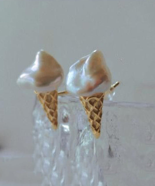 Gold Sterling Silver Pearl Ice Cream Stud Earrings