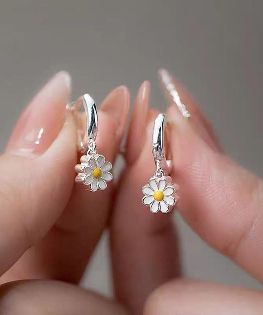 White Sterling Silver Chrysanthemum Hoop Earrings