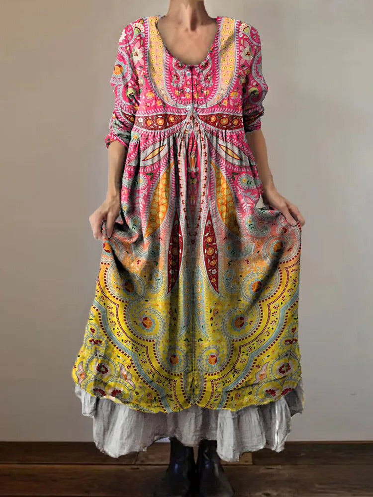 Women's Art Painting Hippie Floral Print V Neck Dress
