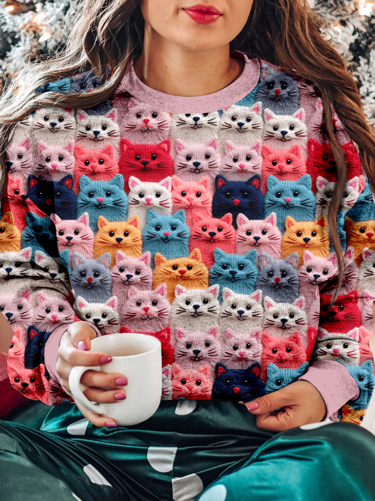 Colorful Cute Cats Embroidered Crew Neck Sweatshirt elevenforest