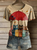 Women's Casual Cute Cat Printed Round Neck Short Sleeve T-shirt elevenforest