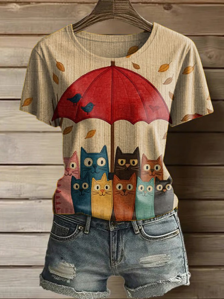 Women's Casual Cute Cat Printed Round Neck Short Sleeve T-shirt elevenforest
