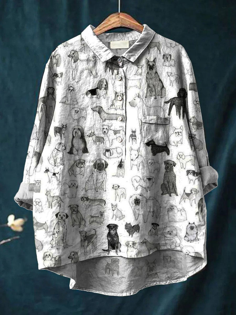 Vintage Lovely Dogs Art Print Casual Cotton And Linen Shirt