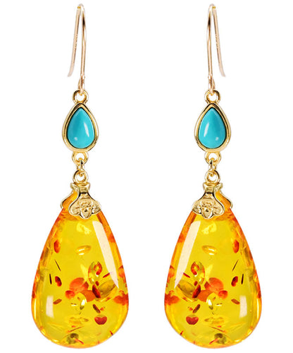 Simple Yellow 14k Gold Water Drop Amber Beeswax Drop Earrings