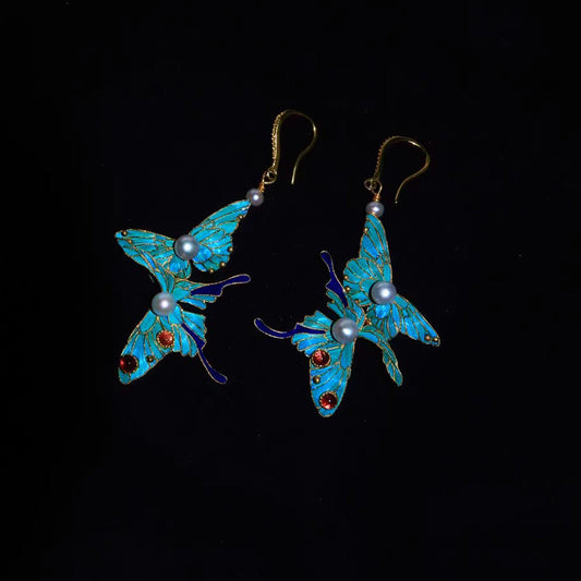 Fine Blue Sterling Silver Overgild Pearl Crystal Butterfly Drop Earrings