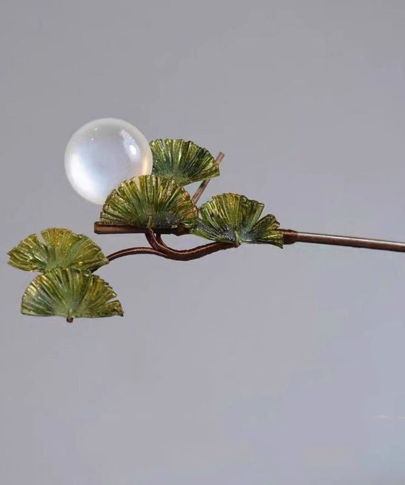 Brown Wooden Fan Transparent Beads Hairpin