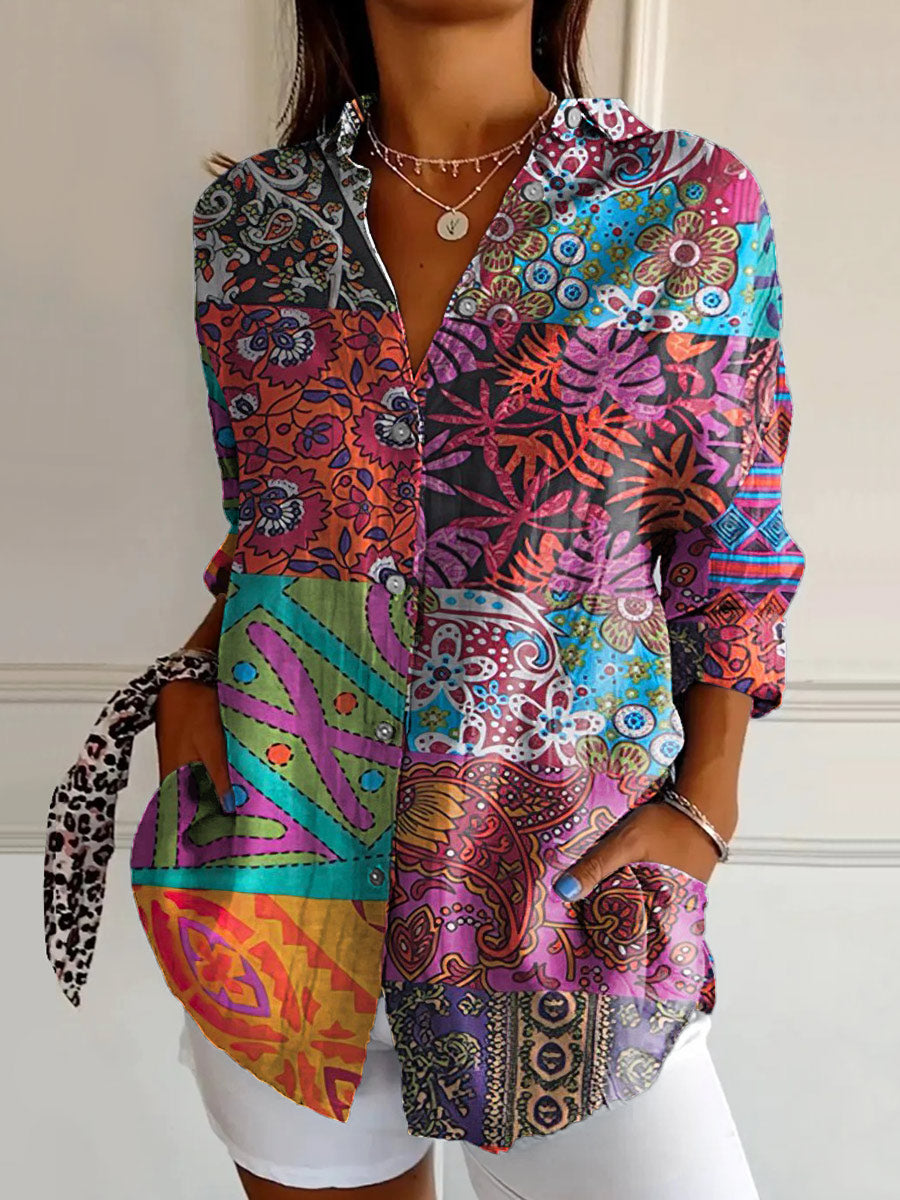 Women's Hippie Art Floral Print Long Sleeve Shirt