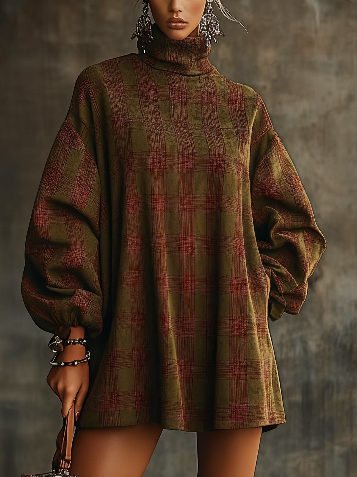 Olive Cozy Checkered Elegance Oversized Turtleneck Dress