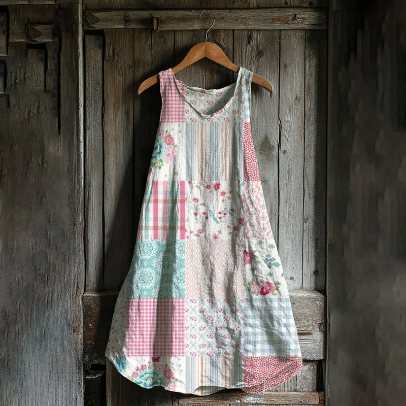 Vintage Floral Geometric Art Linen Blend Tank Dress artswardrobe