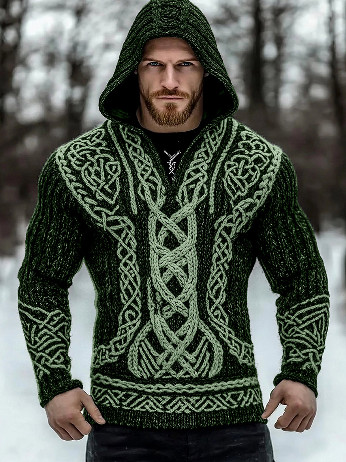 Men's Viking Tribal Jacquard Inspired Celtic Hooded Sweater artswardrobe
