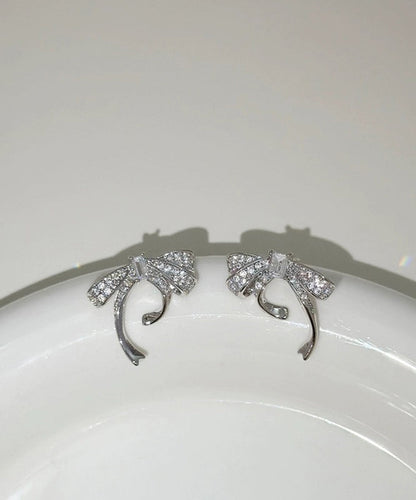 Fine Silk Sterling Silver Zircon Bow Stud Earrings