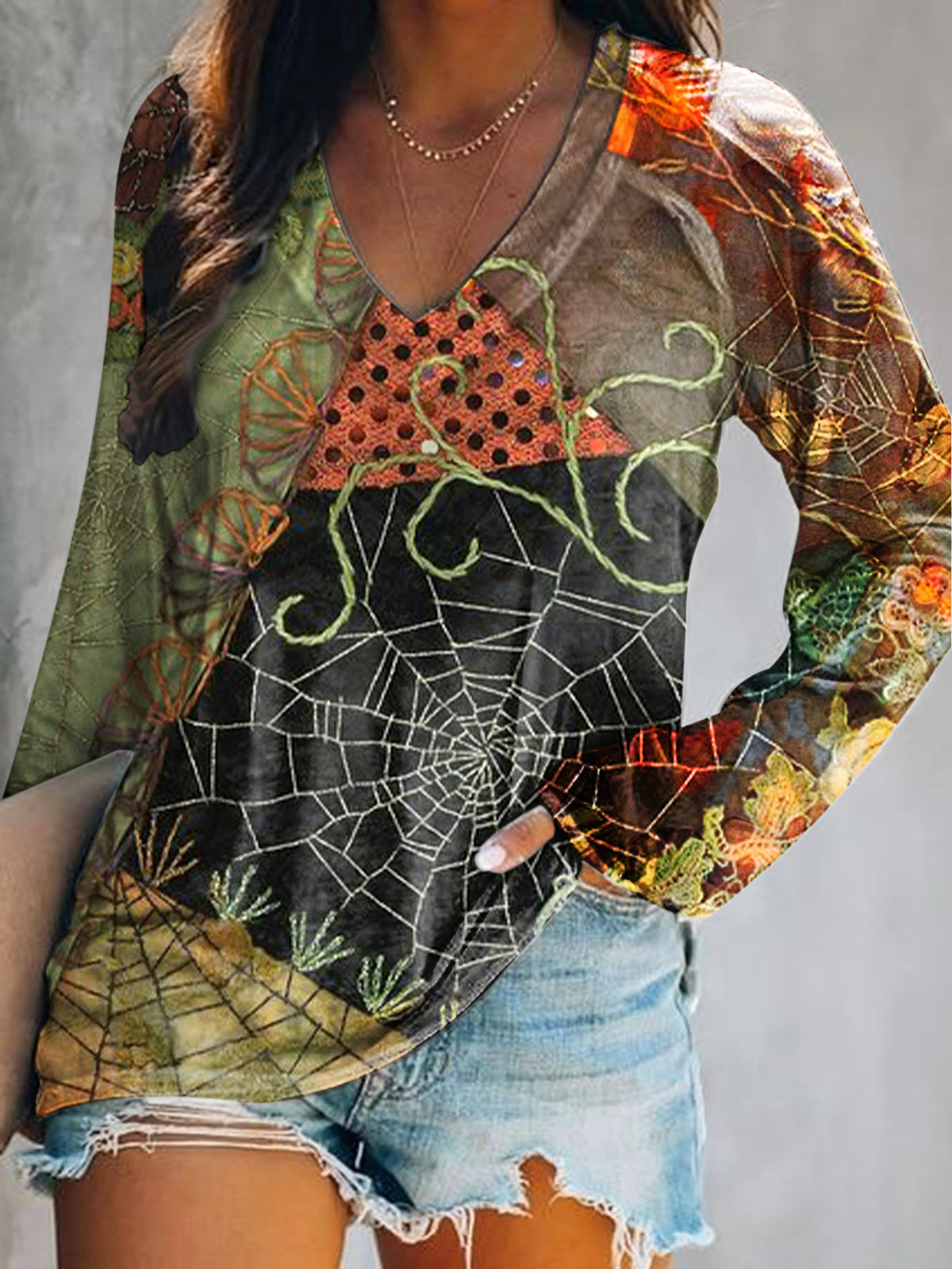 Women's Casual Vintage Floral Collage Art Print V Neck Long Sleeve Top